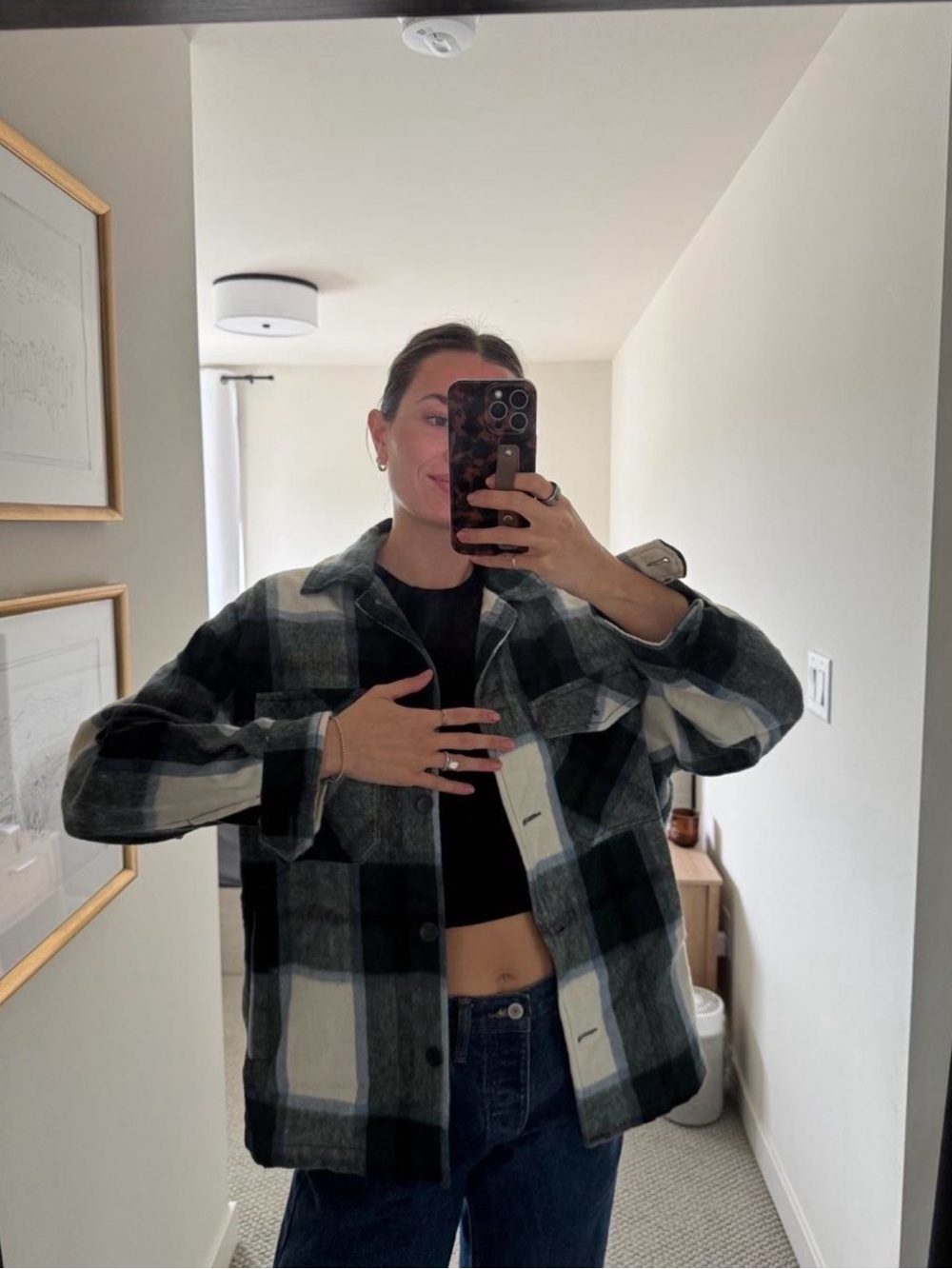 Zara Black and White Plaid Utility Jacket
